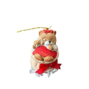 Vintage JASCO Taiwan Bear Bell Christmas Ornament Mama Baby Bear Basket Lace 3"